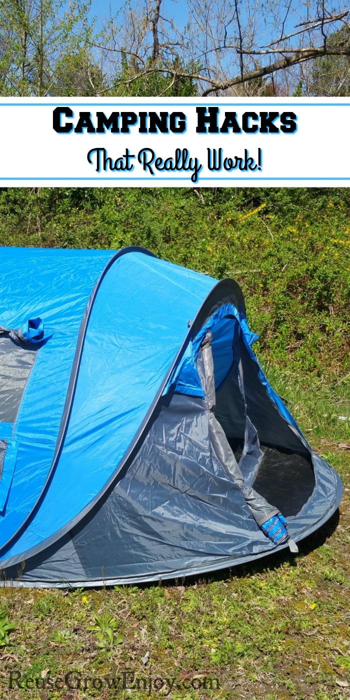 Blue tent with vines and woods in background. Text overlay that says Camping Hacks That Really Work