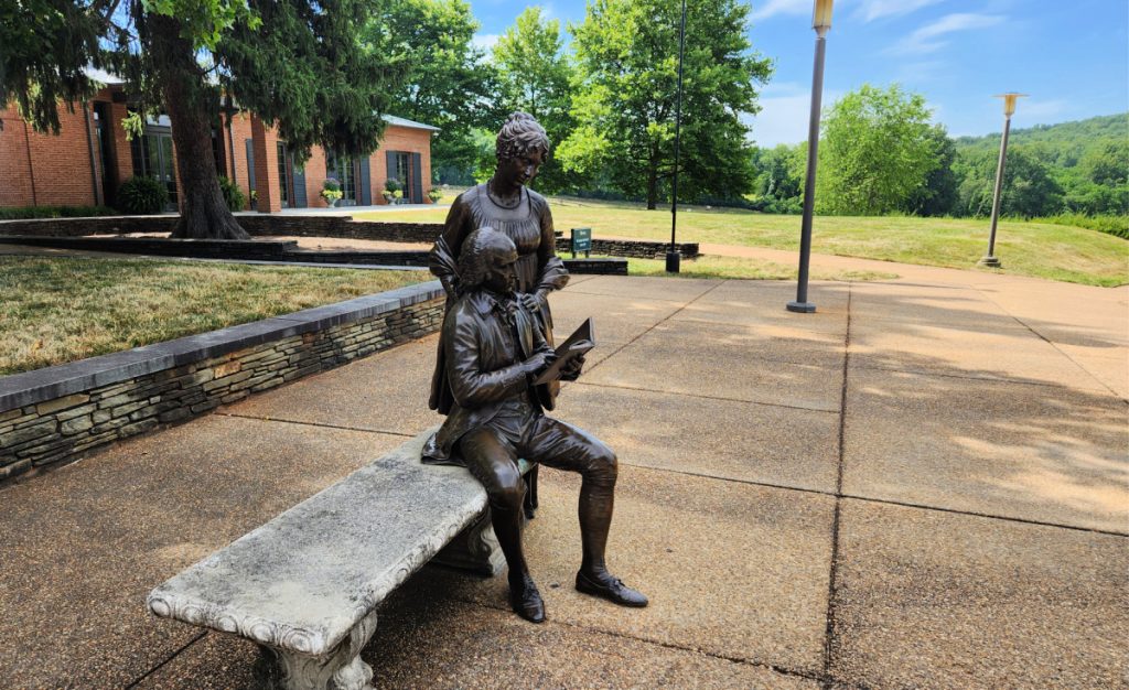 Statue on bench outside of James Madison's Montpelier museum.