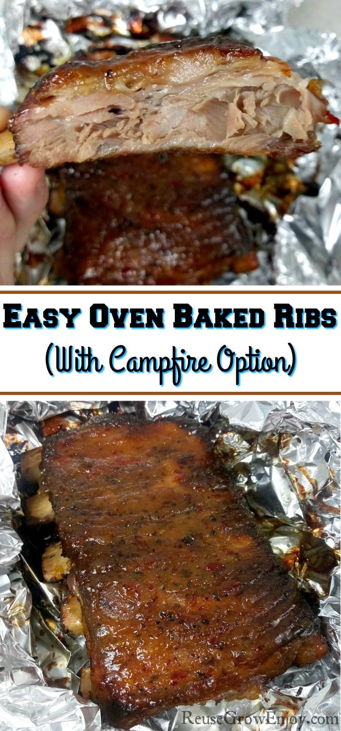 One glaze cooked rib at top, whole rack at bottom. In middle is a text overlay that says "Oven Baked Ribs (With Campfire Option)".