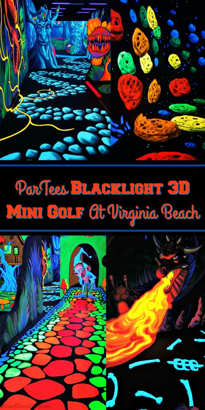 Four different pictures of ParTees blacklight 3D mini golf with a text overlay that says "ParTees Blacklight 3D Mini Golf At Virginia Beach"