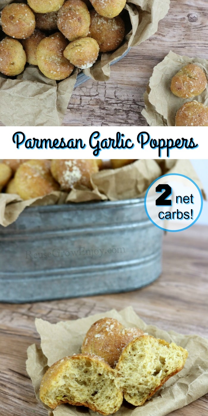 Poppers at top in tin, at bottom on brown paper and text overlay in middle that says Parmesan Garlic Poppers Low Carb