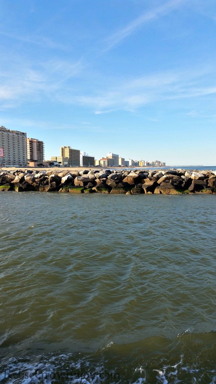 Virginia Beach coastline with breakwall to the side. 