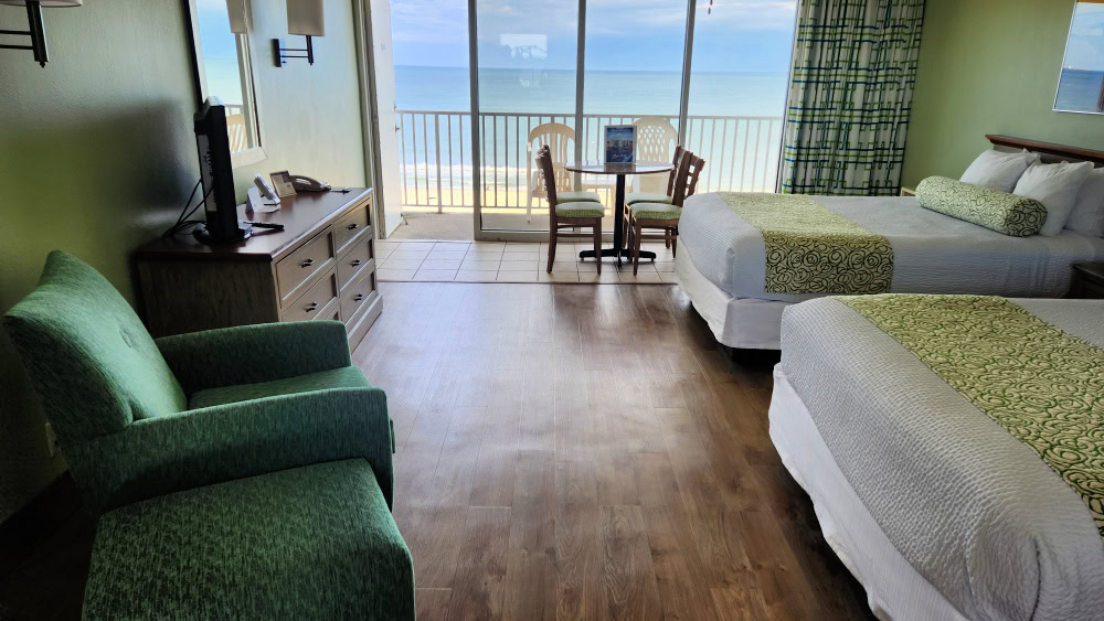 View of room looking toward the windows overlooking the beach