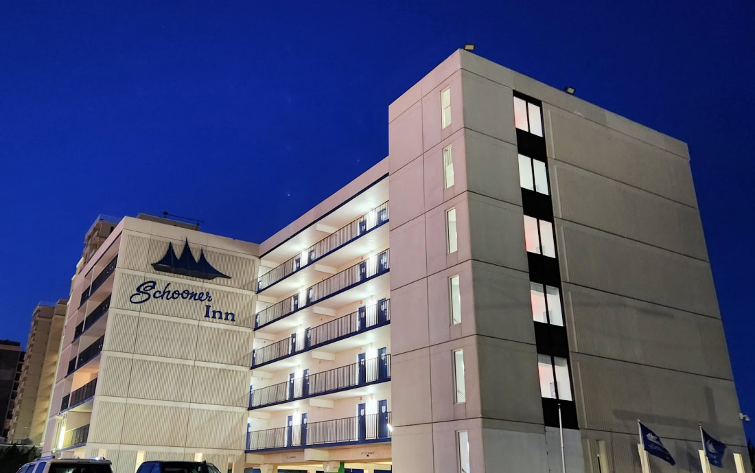 Schooner Inn At Night with lights on