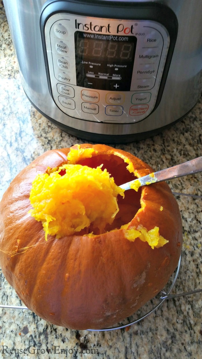 Cooked pumpkin being scooped out with spoon with a Instant Pot in the background.