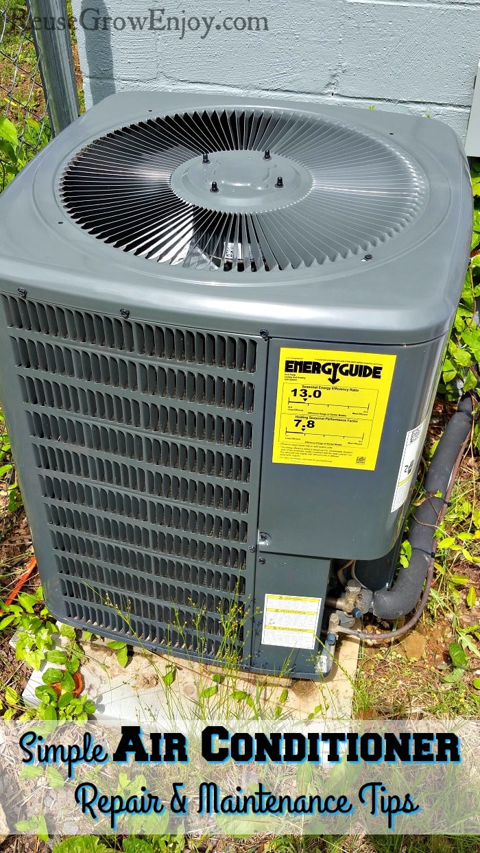 Air Conditioner unit outdoors with some weeds growing around it.