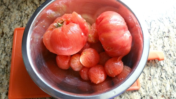 Skinned tomatoes in bowl
