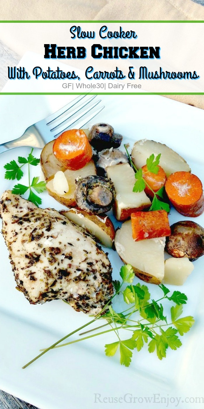 If you are looking for a new yummy but healthy recipe to try, be sure to check out this recipe for Slow Cooker Herb Chicken With Potatoes, Carrots And Mushrooms! It is Whole30, gluten free, dairy free and can very easily be made Paleo!