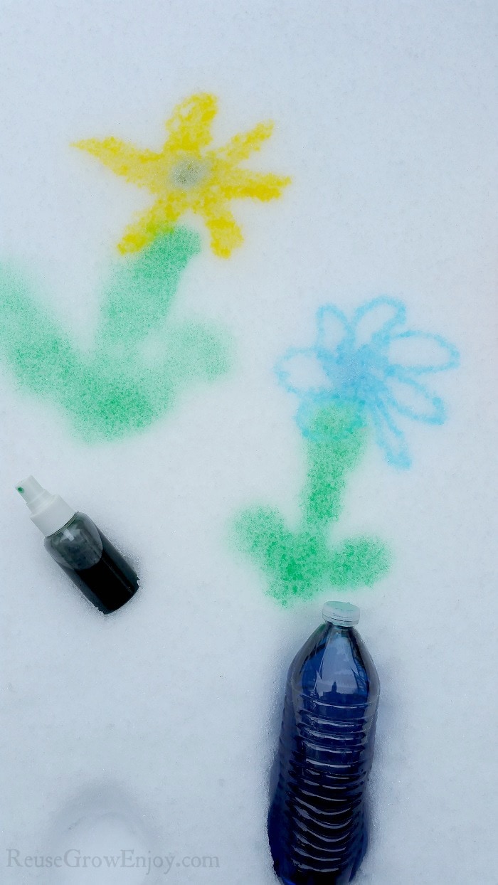 A yellow flower and blue flower painted on snow with a spray bottle and water bottle full of snow paint.