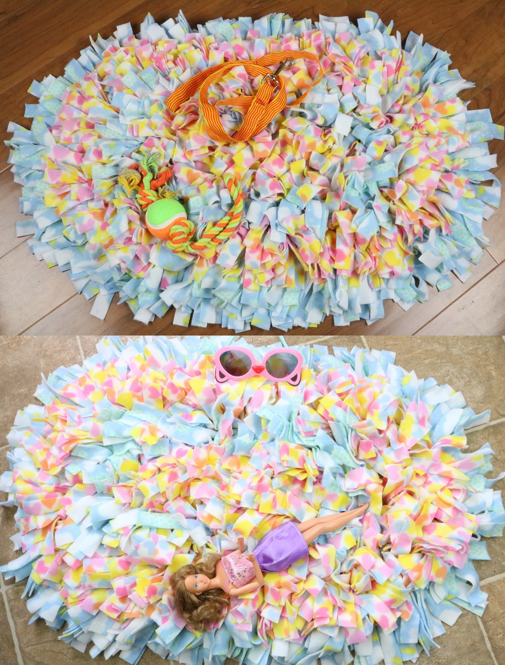 Top is a dog snuffle mat with leash on it bottom is a kids rug with doll on it