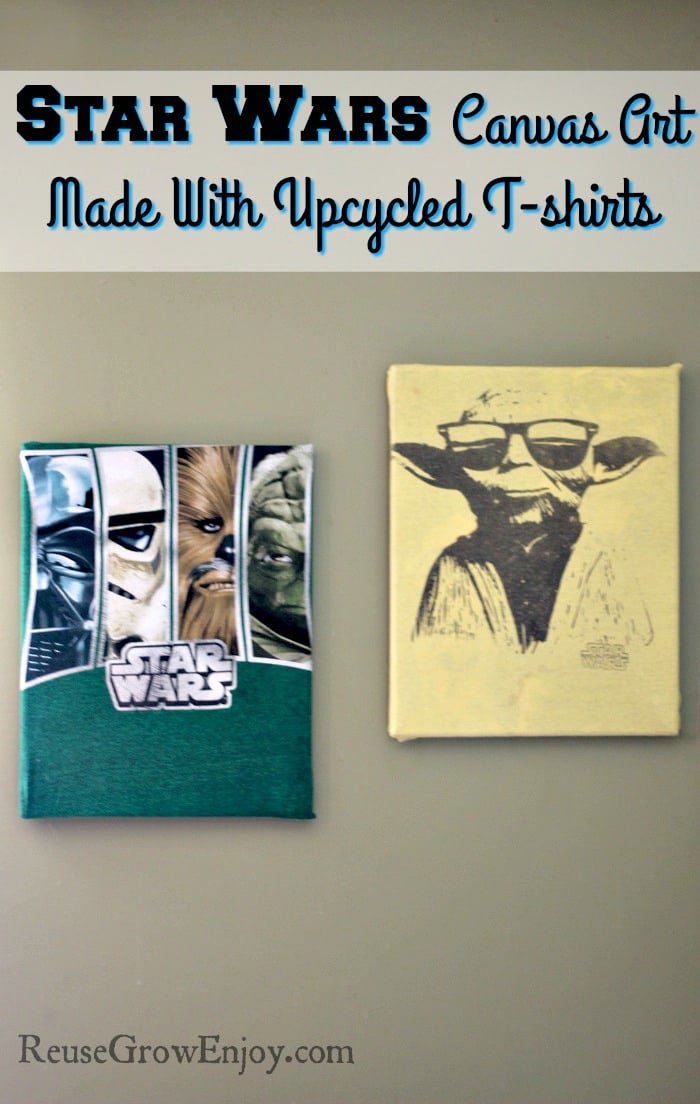 What do you do when your kid has a lot of t-shirts that they love but they have outgrown them or there are hideous stains? You turn them into something cool, like a Star Wars canvas art!