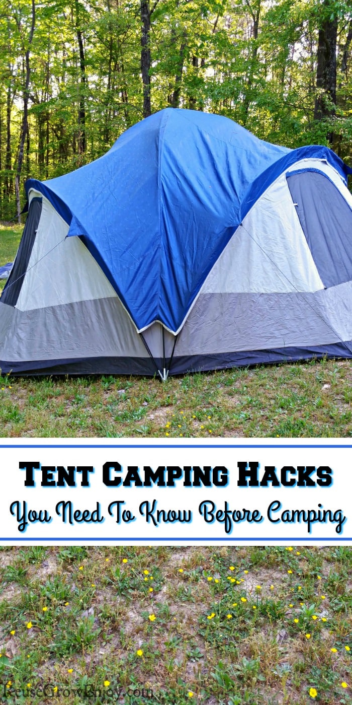 Large blue family tent on grass with trees behind. Text overlay that says Tent Camping Hacks You Need To Know Before Camping.