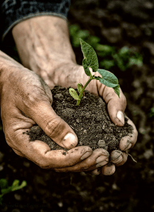 Hands holding soil and small plant.