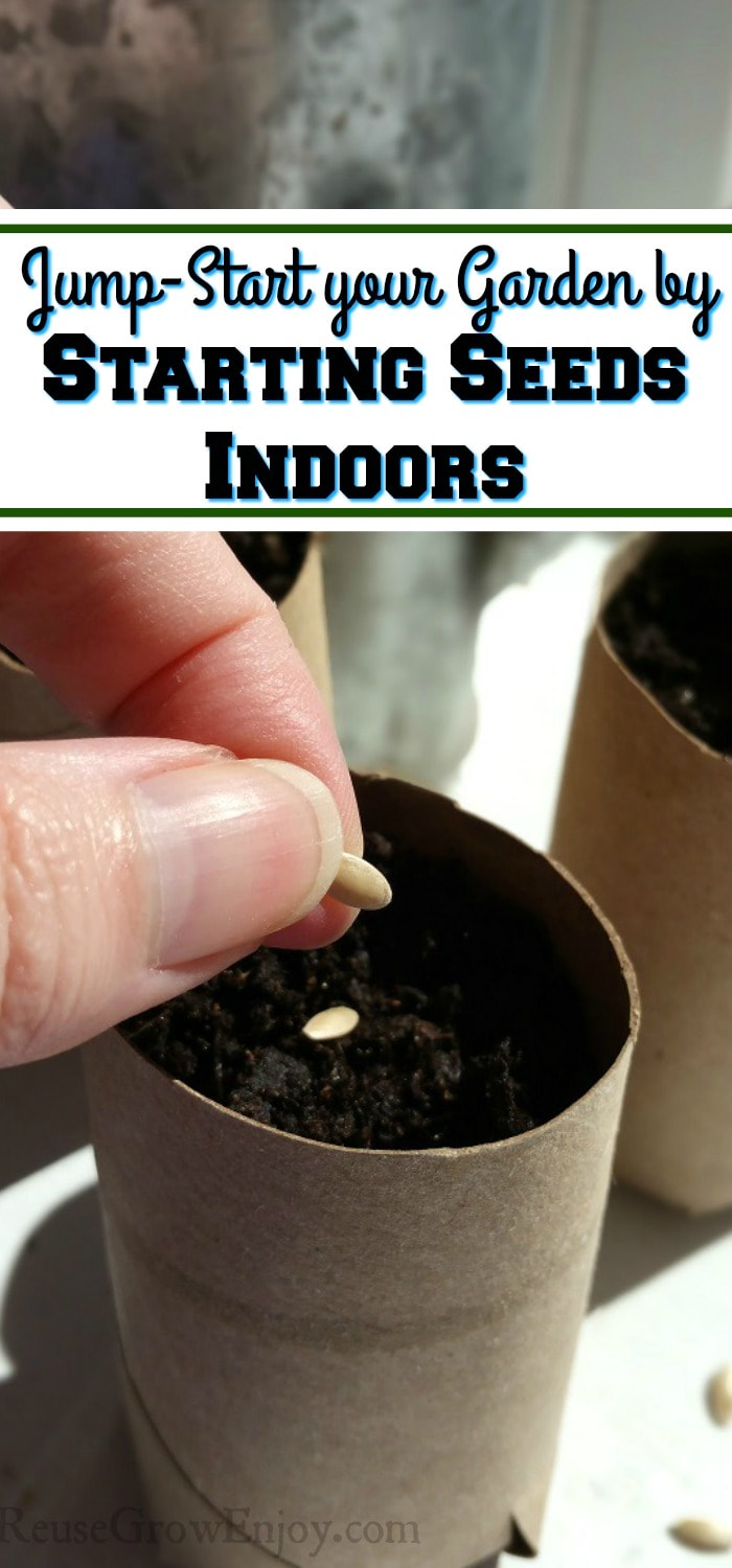 Finger griping a seed placing it in dirt that is in a cardboard tube. Watering can in the background. Text overlay that says "Jump Start Your Garden By Starting Seeds Indoors".