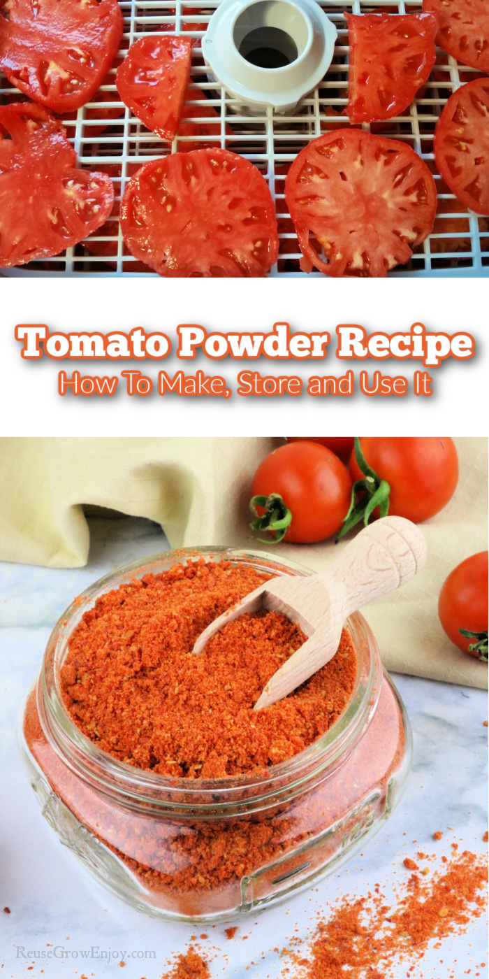 Sliced fresh tomatoes on a drying rack at top. Glass jar full of tomato powder at the bottom. Text overlay in the middle that says Tomato Powder Recipe How To Make Use And Store