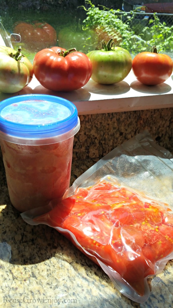 Tomatoes in container and bag on counter with green and red tomatoes in window in background