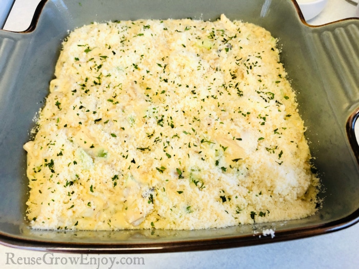 Uncooked Rice And Chicken Casserole in dish