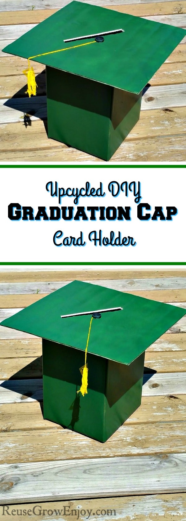 Graduation party coming up? Check out this upcycled DIY Graduation Cap Card Holder! Plus you can make it in your own school colors!