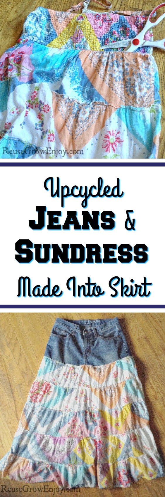 Do your kids have some clothing that they love but are to big to fit anymore? Check out this Upcycled Jeans And Sundress Into Skirt!