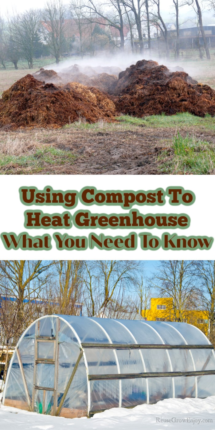 Steaming compost pile at top. Bottom hoop greenhouse with snow around. Middle text overlay that says Using Compost To Heat Greenhouse What You Need To Know