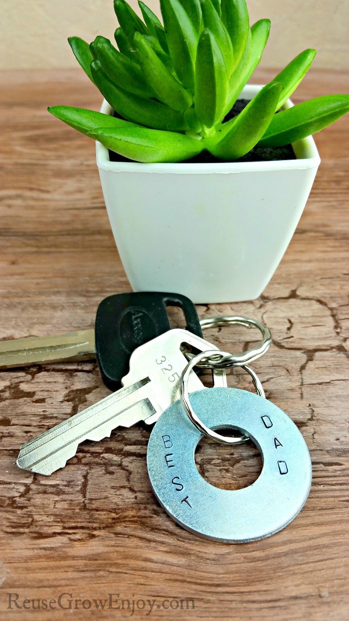 Washer Hand Stamped Keychain with keys. Plant behind the keys.