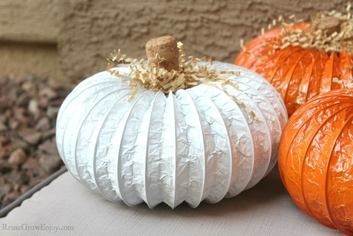 White duct pumpkin with orange ones on the side.