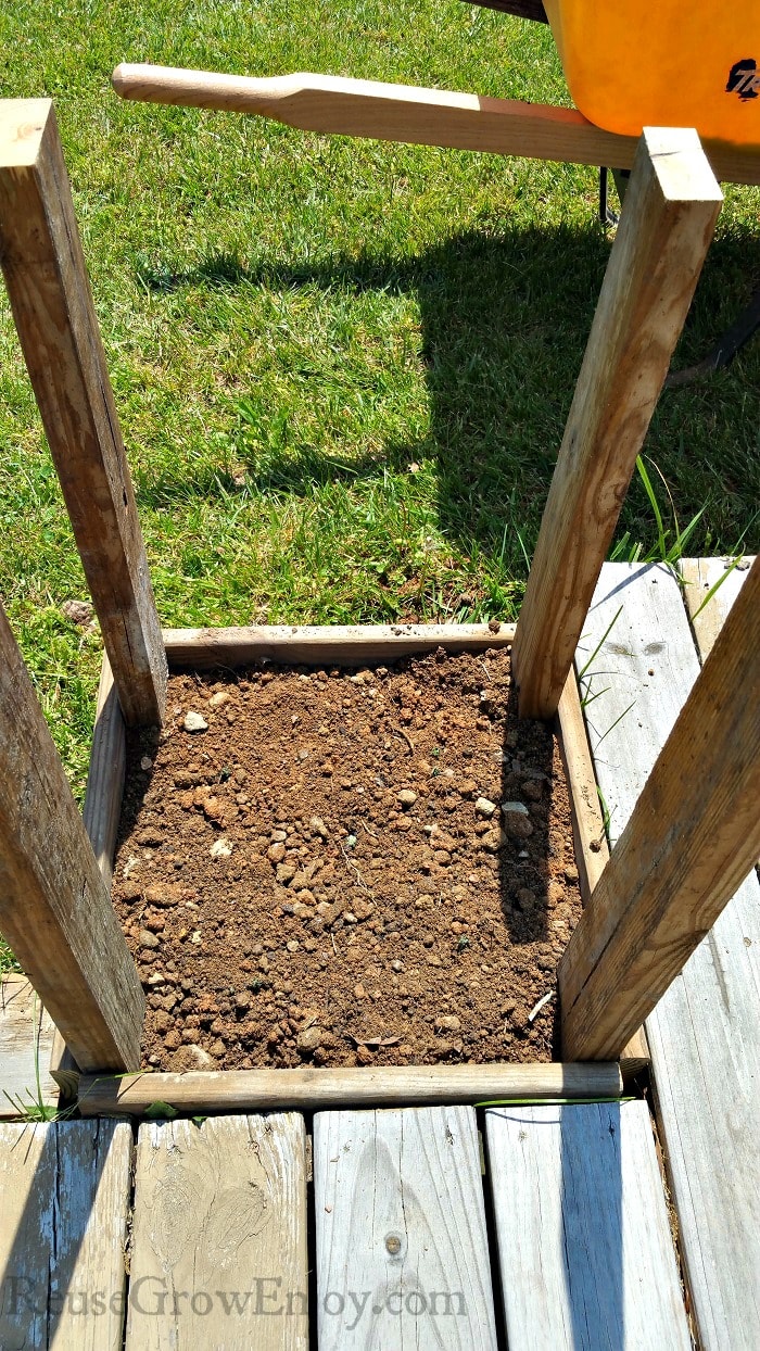 Potatoes planted and covered with fist layer of dirt in potato tower.