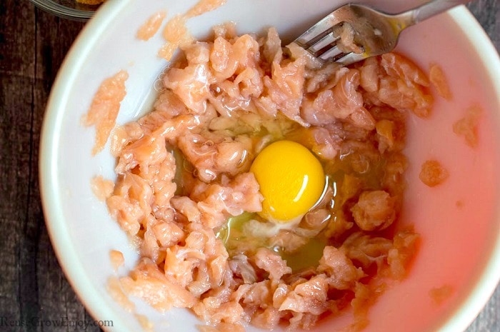 Salmon and egg being mixed in a bowl with a fork