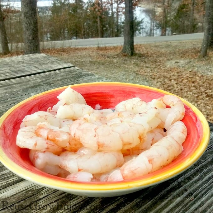 Raw shrimp in a orange bowl on a wood table outdoors. Trees and lake in background.